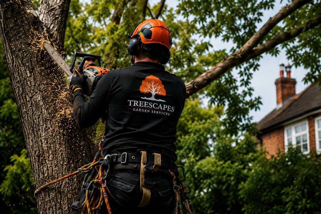 A professional tree surgeon pruning a large garden tree with a chainsaw